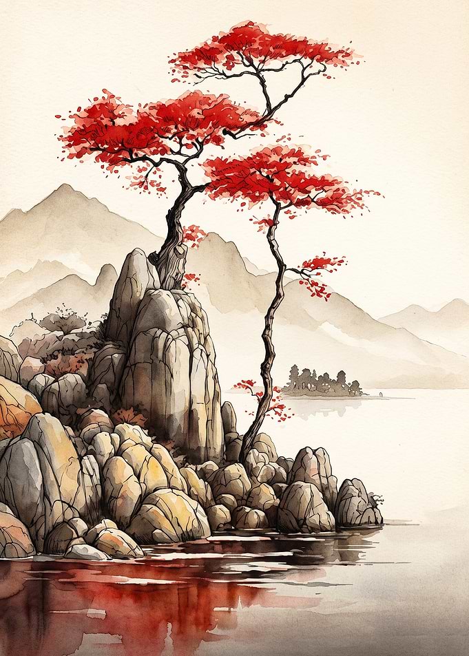 Red Tree Mountain Zen Watercolor