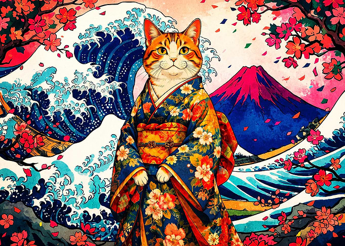 Japanese Cat Kimono Ukiyo-e Poster