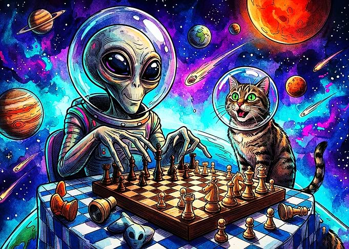 Alien Cat Chess Cosmic SciFi Art
