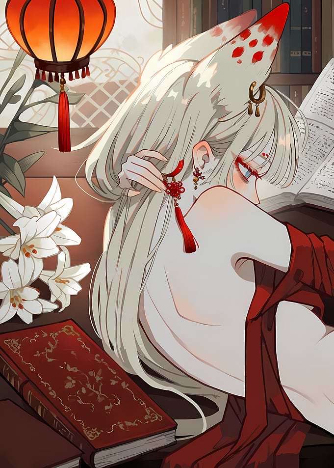 Anime Fox Spirit Reading by Lantern