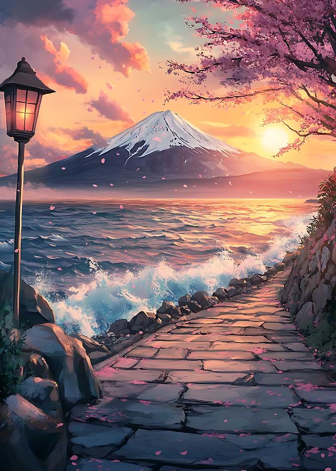 Mount Fuji Sunset with Cherry Blossoms