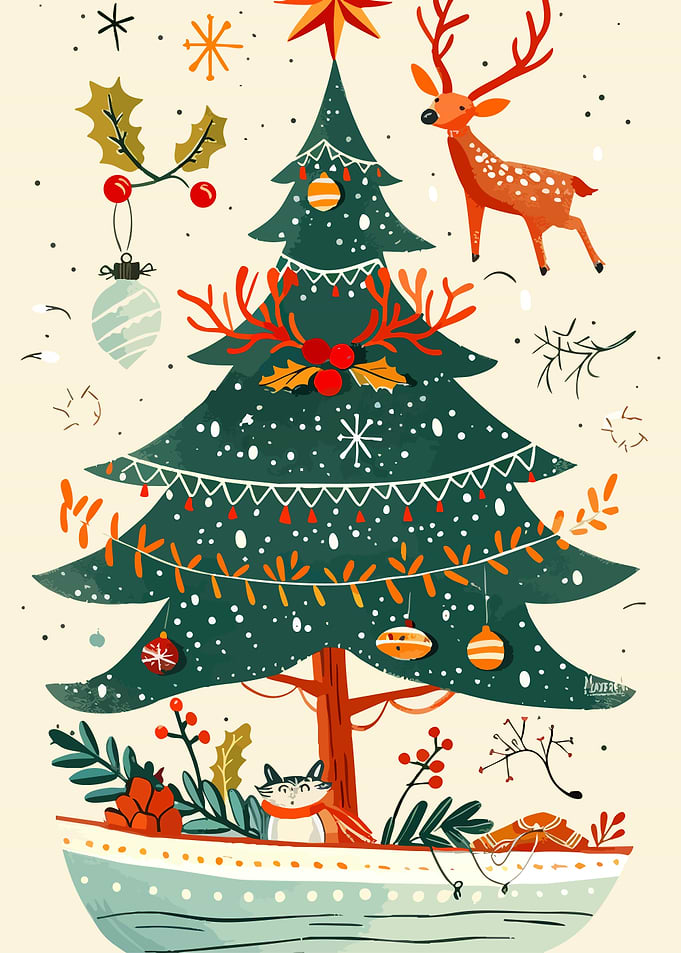Whimsical Christmas Tree and Reindeer Illustration