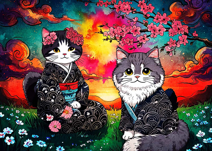 Japanese Cats Kimono Sakura Art