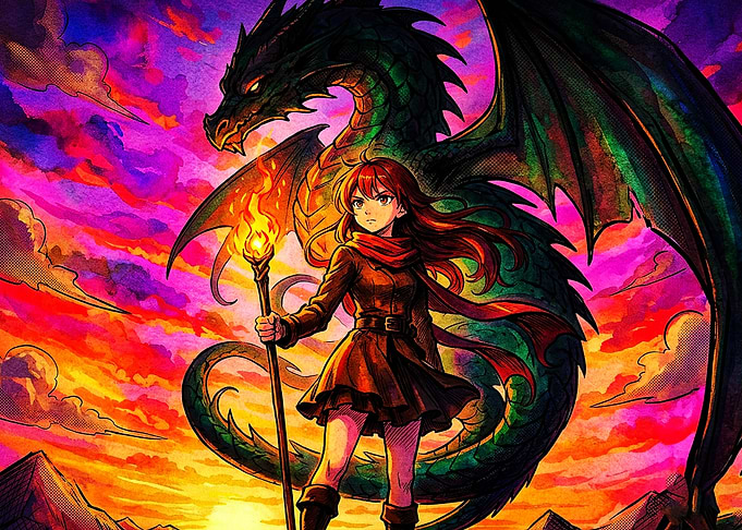 Dragon Girl Fantasy Neon Art Poster