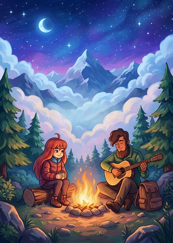 Couple Camping Under Starry Night Sky