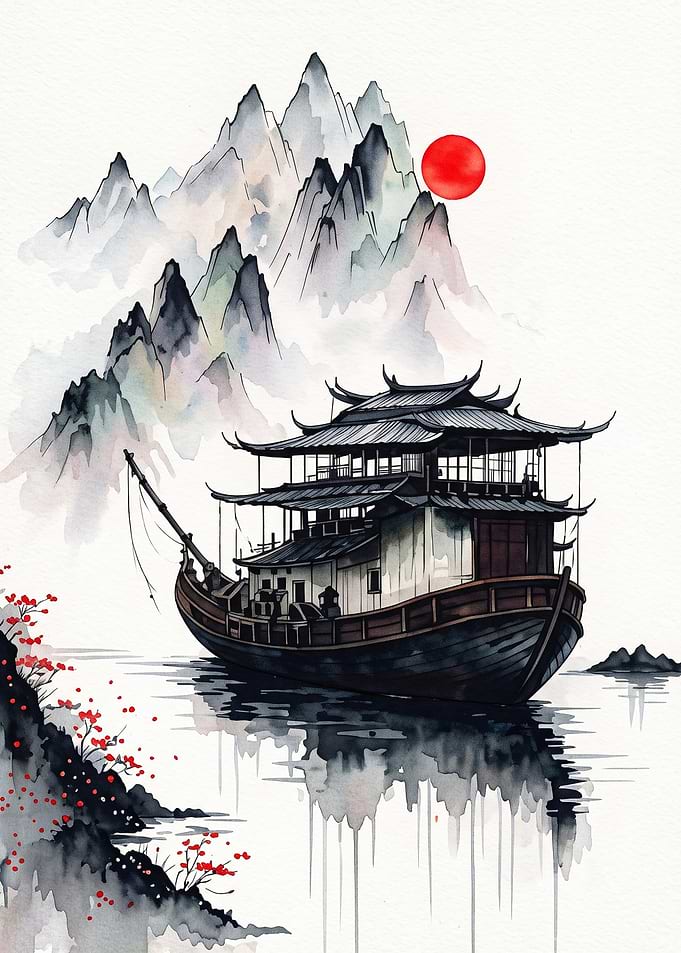 Asian Ship Mountain Watercolor Post