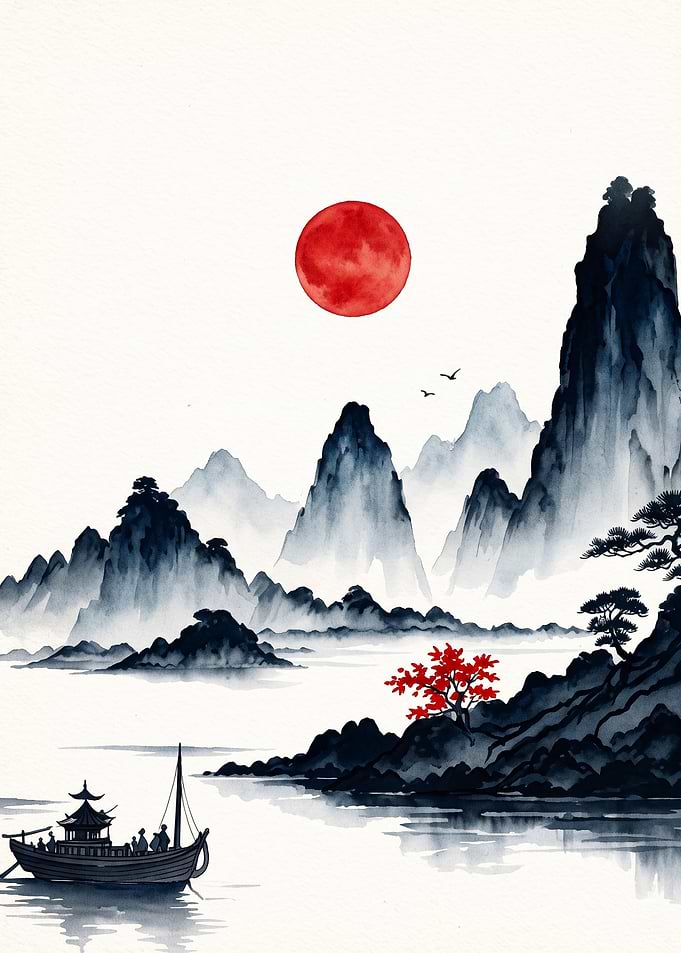 Japanese Landscape Red Sun Art