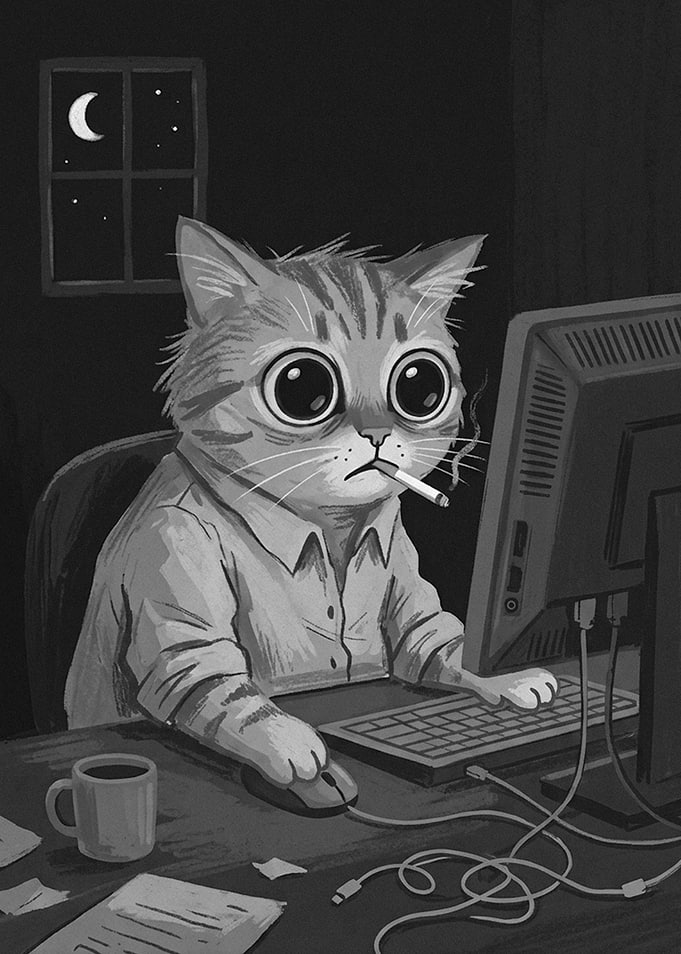 Stressed Cat Working Late at Night
