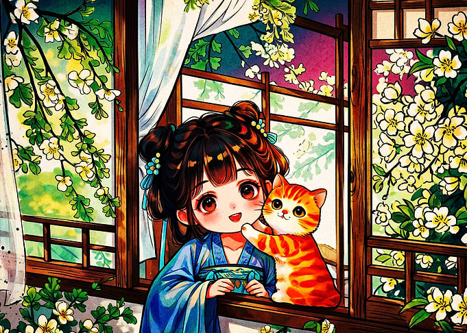 Anime Girl Cat Sakura Watercolor Ar