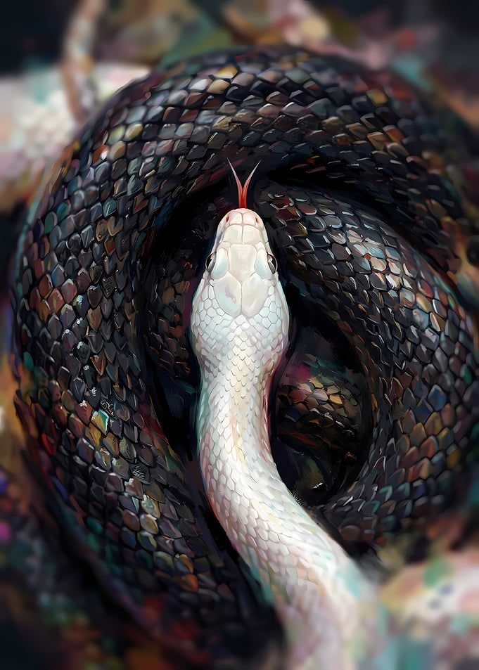 White Snake Coiled on Dark Scales