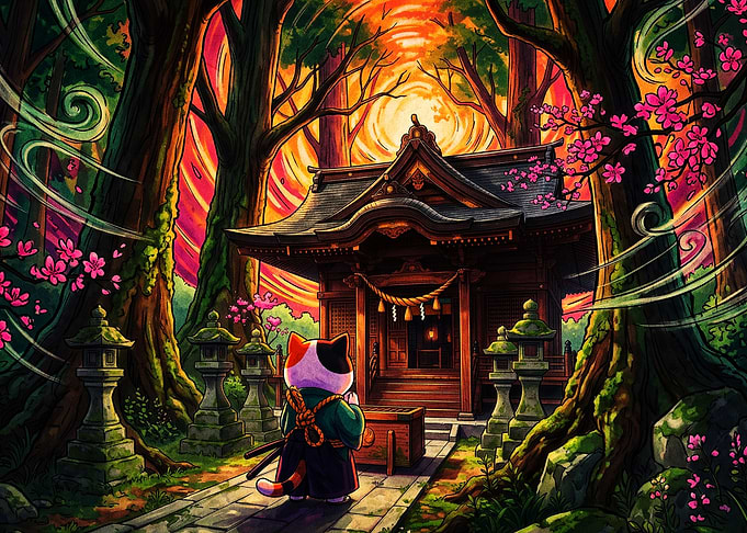 Samurai Cat Shrine Psychedelic Art