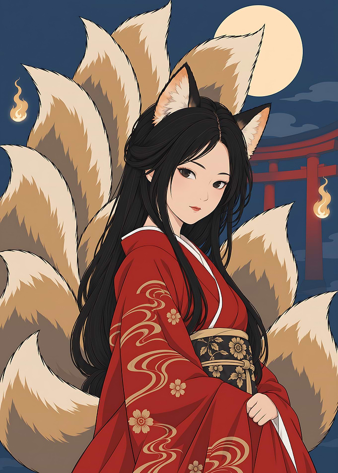 Nine Tailed Kitsune Moonlit Shrine