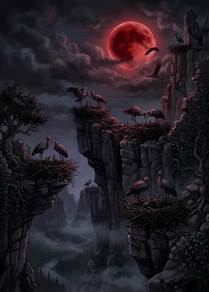 Storks Nesting Under Red Moon