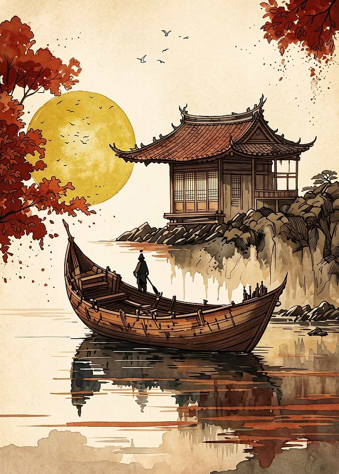 Japanese Pagoda Boat Watercolor Art