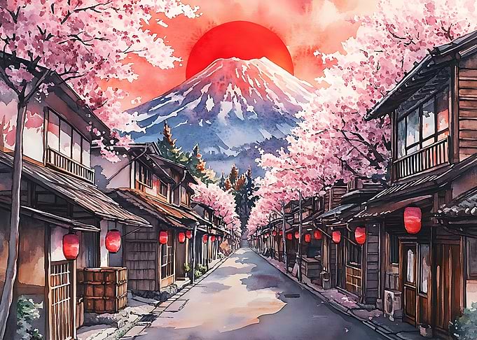 Mount Fuji and Cherry Blossoms Street