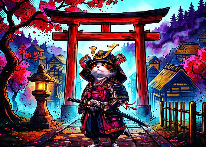 Samurai Cat Japan Neon Pop Art Post