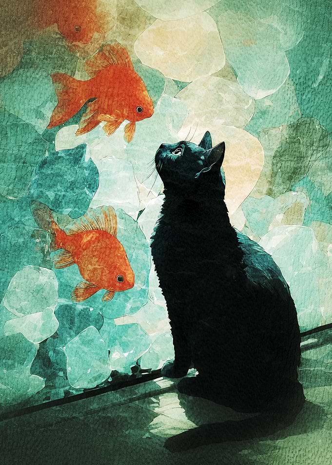 Black Cat Watching Goldfish