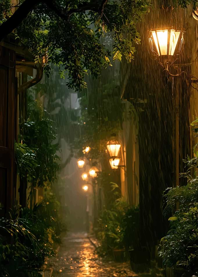 Rainy Night in a Lush Alleyway