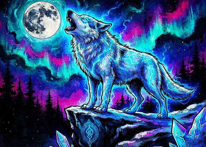 Cosmic Wolf Moon Neon Fantasy Poste