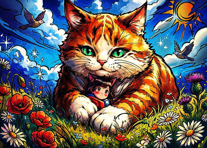 Cat Hug Doll Meadow Pop Art Poster