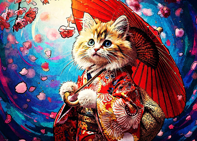 Cat Kimono Sakura Japanese Art Post