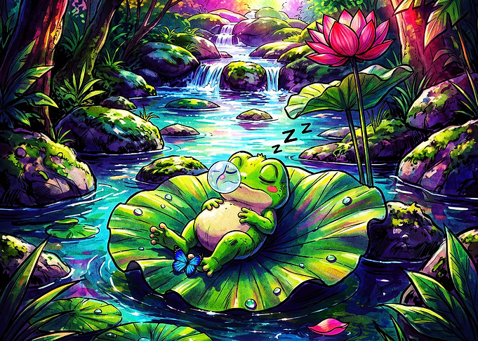 Sleeping Frog Cute Forest Waterfall