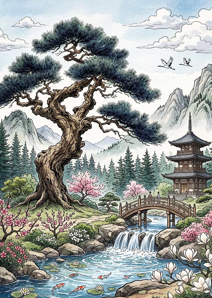 Japanese Garden Pagoda Watercolor A