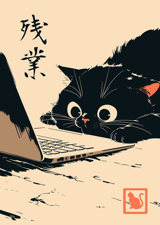 Funny Overtime Black Cat Japanese Retro