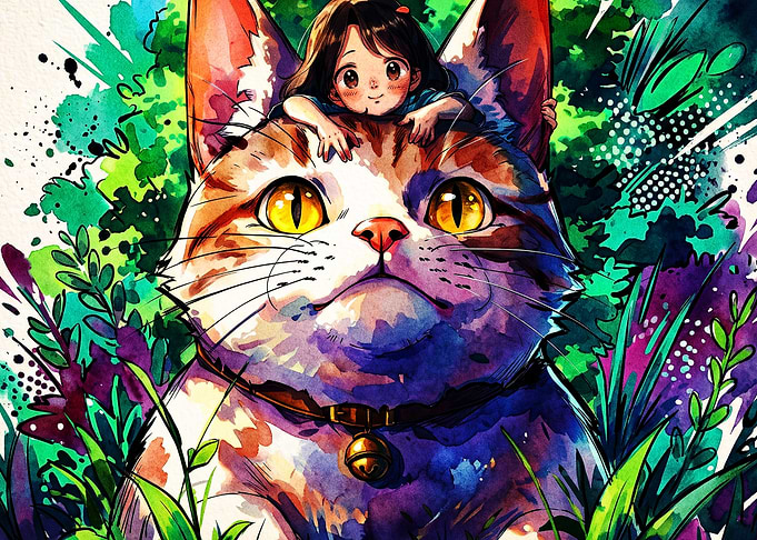 Cat and Girl Watercolor Art