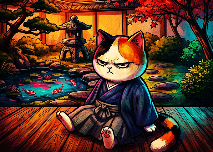 Grumpy Samurai Cat Japanese Art