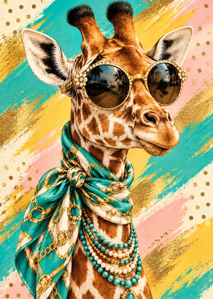 Glam Giraffe Poster - Turquoise Safari Fashion Wall Art