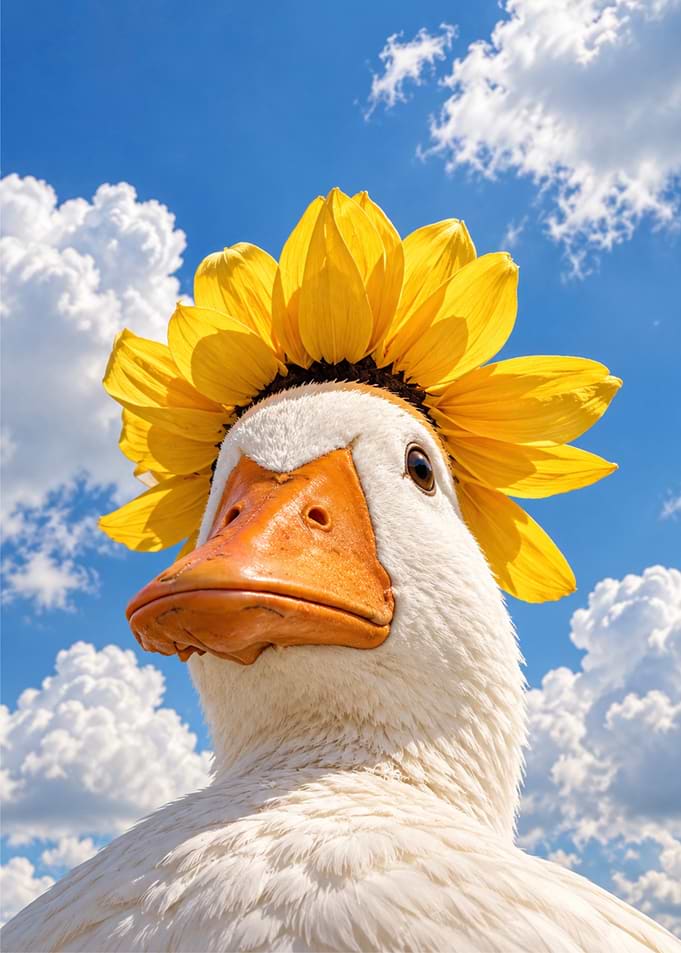 Goose Wearing a Sunflower Crown