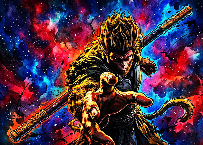 Monkey King Cosmic Watercolor Art