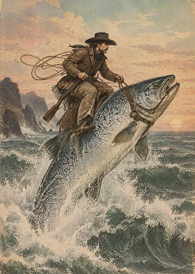 Cowboy Riding Fish on an Ocean Wave