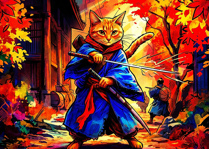 Samurai Cat Ninja Anime Art Poster