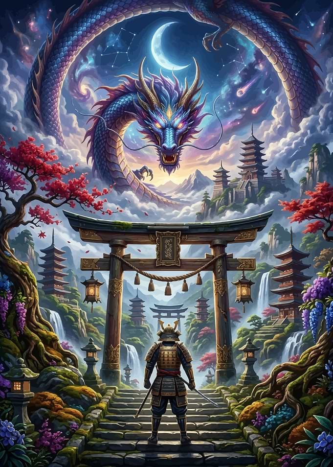 Mystic Japanese Torii Garden with Dragon