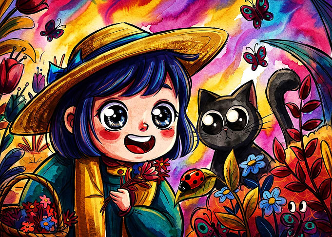 Girl Cat Garden Watercolor Poster