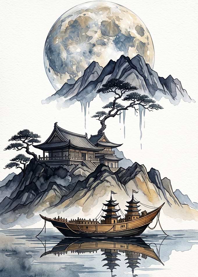 Japanese Temple Moon Watercolor Art