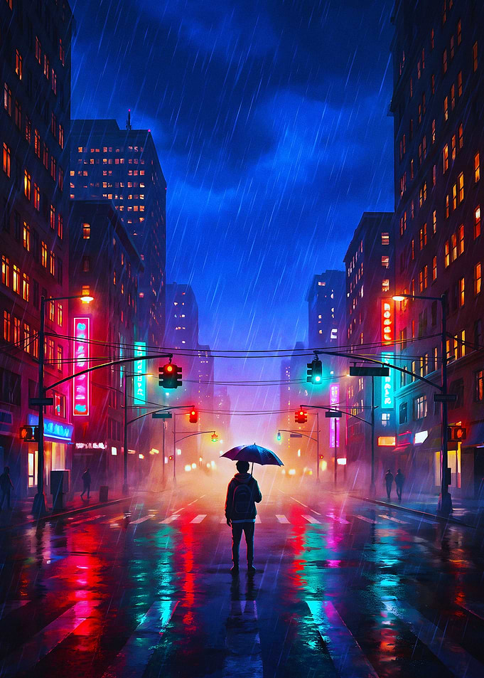 Person Standing in Rainy Neon City