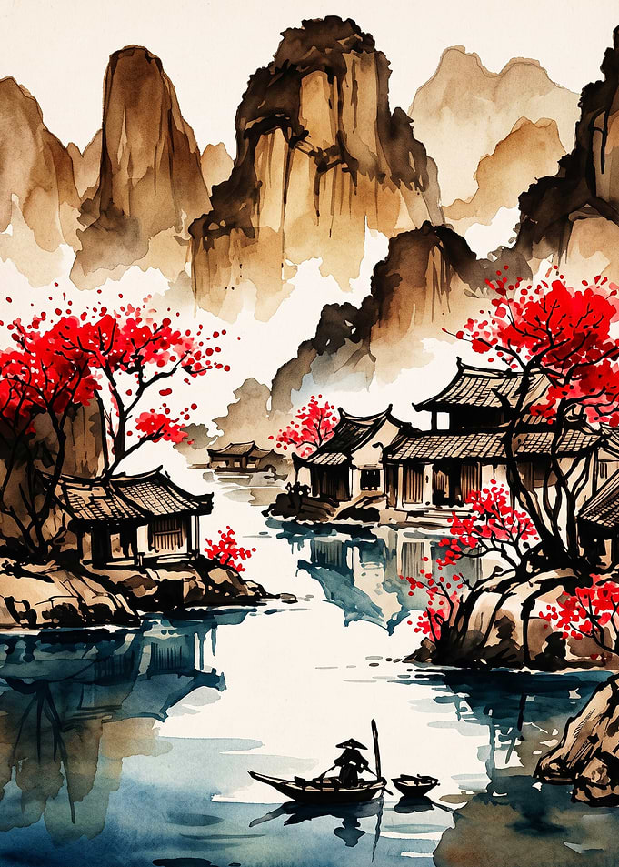 Asian Landscape Watercolor Art Post