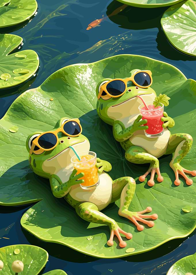 Two Frogs Relaxing on Lily Pads