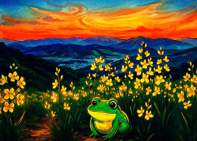 Frog Sunset Landscape Watercolor Ar