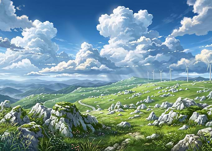 Scenic Green Hills with Wind Turbines