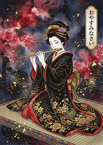 Geisha Playing Flute with Flowers