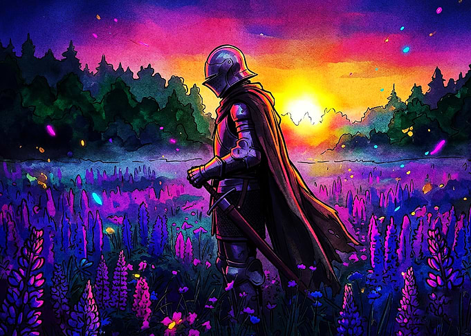 Knight Sunset Fantasy Watercolor Ar