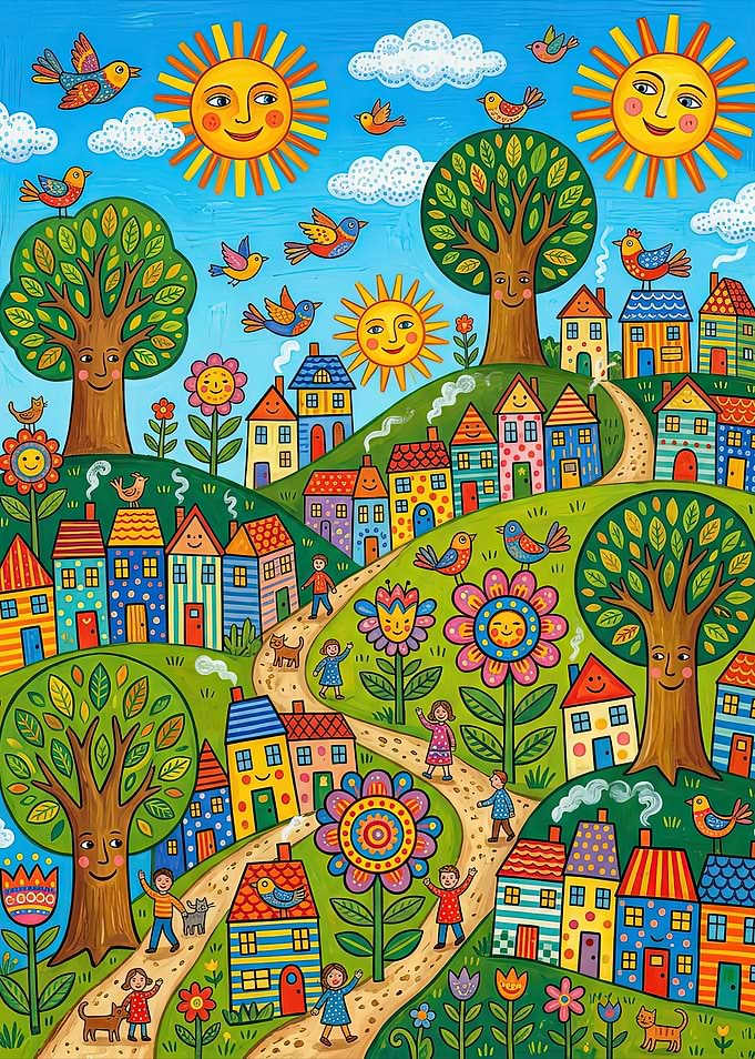 Whimsical Colorful Village Landscape Illustration