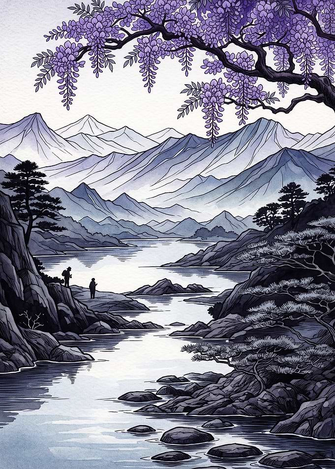 Wisteria River Mountain Zen Poster