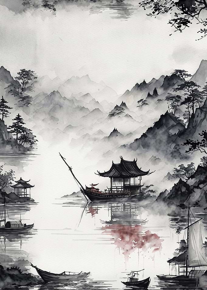 Asian Mountain River Ink Wash Art
