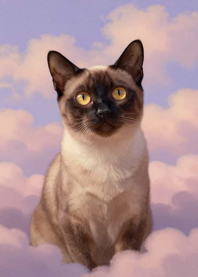 Siamese Cat Floating in Dreamy Clouds