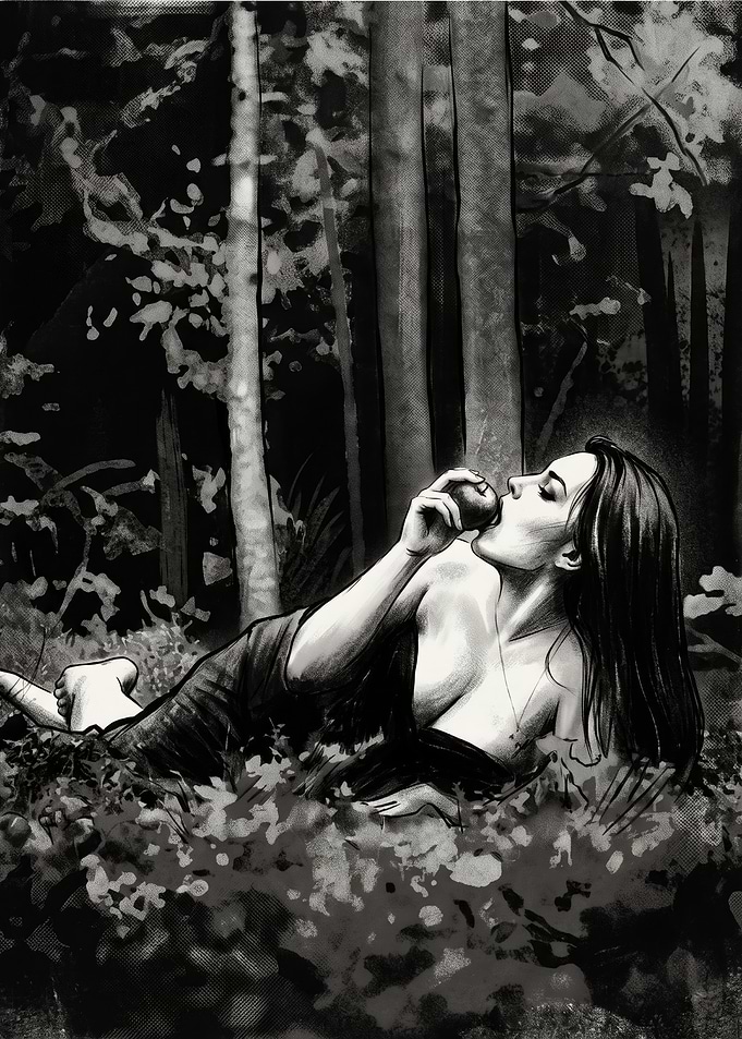 Woman Eating Apple in Forest